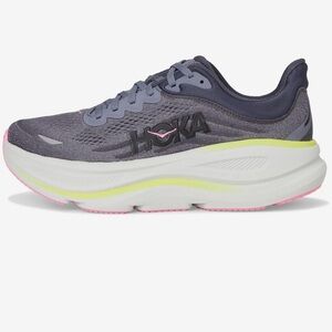 Hoka Women's Gray Running Shoe with Pink and Neon Yellow Accents
